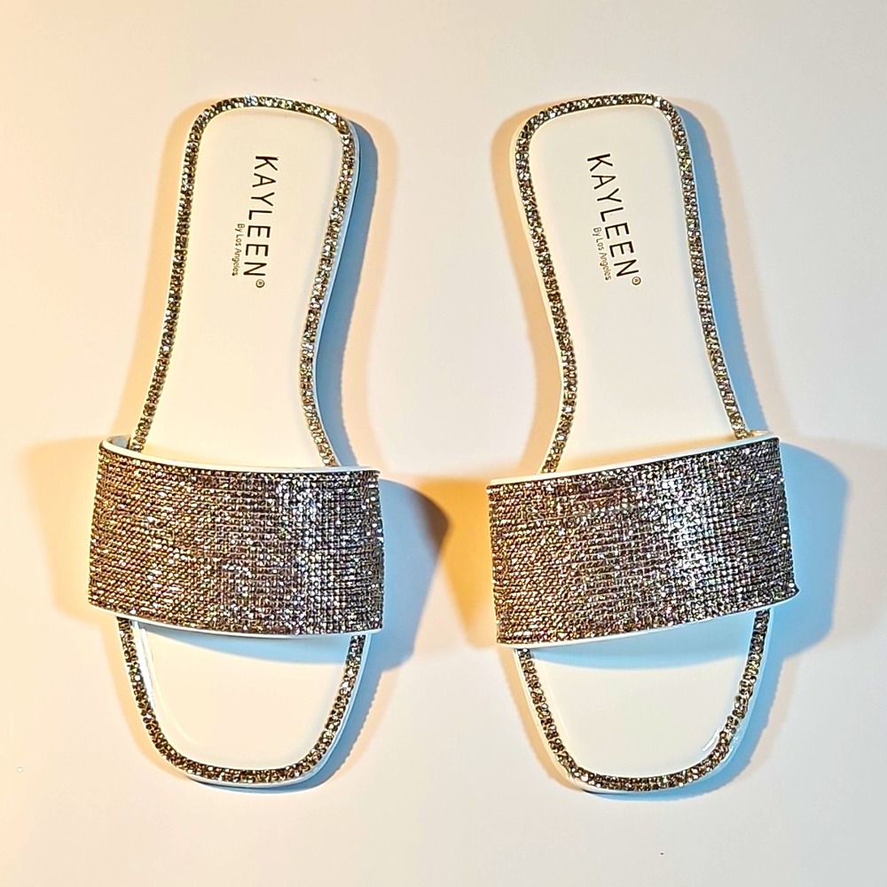 Kayleen White Silver Synthetic Rhinestone Glitter Slide Sandals Women's 6.5
